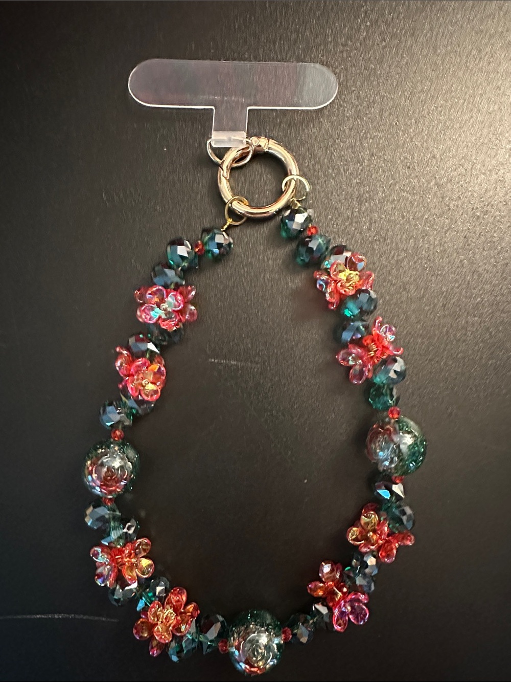 Gold-Tone Floral phone charm in Emerald Green and Pink
